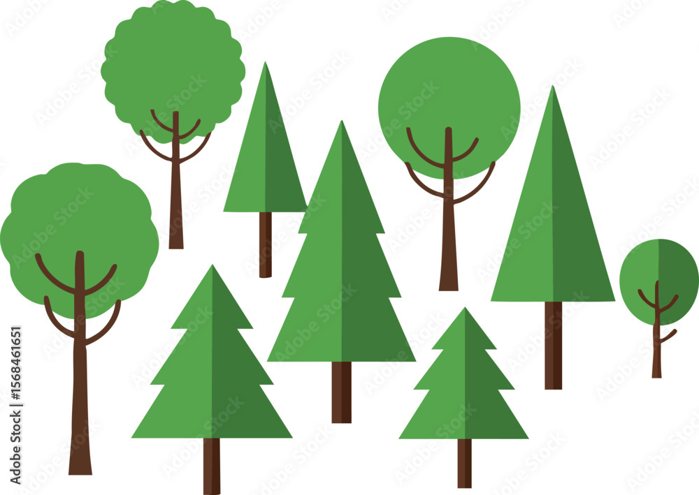Poster various green trees vector illustration with simple geometric shapes and minimalist design