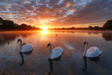 Swans gracefully glide on a tranquil lake at sunrise surrounded by mist and colorful clouds