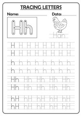 Printable tracing worksheet with uppercase and lowercase letter H. 