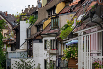 Charming Cityscape of Colorful Old Houses with Balconies Featuring Vibrant Plants