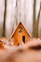Wooden house miniature in forest autumn leaves fall season nature outdoor landscape background