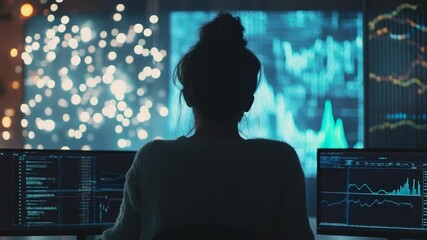 Female data scientist analyzing financial statistics on multiple computer screens - Powered by Adobe