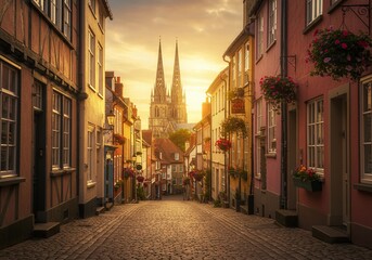 Obraz premium Cozy cobblestone street with colorful historic houses, hanging flower baskets, warm sunlight and a distant cathedral.