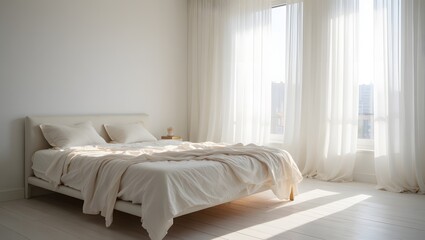 Fototapeta premium interior of a white bedroom with white curtain window and natural light coming through