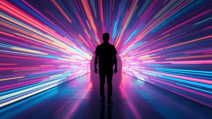 silhouette of a man walking in colorful tunnel