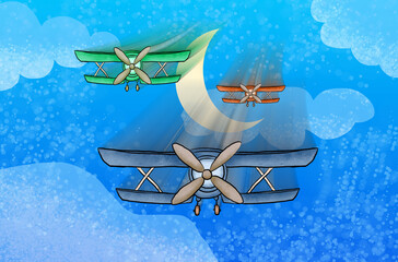 Colorful biplanes flying in sunny sky, airplanes watercolor illustration © rubia4511
