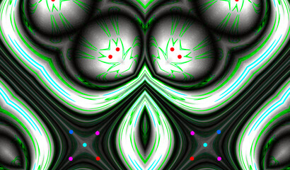 A symmetrical abstract design features bold green lines and red dots set against a dark background,  Curved shapes and vibrant accents evoke a sense of movement and depth.