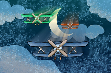 Colorful biplanes flying in sunny sky, airplanes watercolor illustration © rubia4511