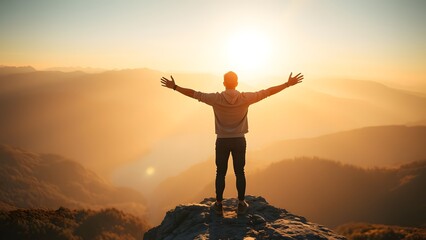 man standing and spreading both arm on top of the mountain at sunset