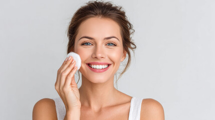 A girl applying toner with a cotton round, smiling in a beauty routine.