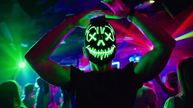 Man with halloween led mask in a party club dancing. Purge film mask
