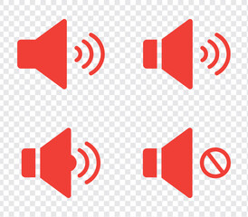 Sound volume icons set with different signal levels on white background. Аn icon that increases and reduces the sound. Sound icon, volume symbol, speaker sign, audio control icon set.