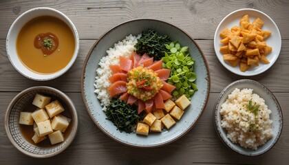 top down view of various japanese dish