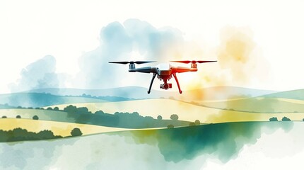 Drone Flying Over Watercolor Landscape.