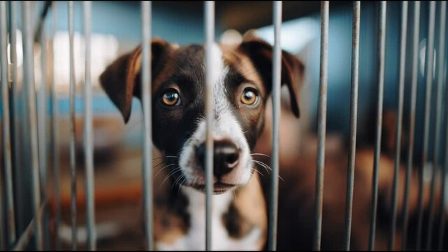 Stray homeless dog in animal shelter cage. Sad abandoned hungry dog behind old rusty grid of the cage. Homeless animals adoption, help for pets