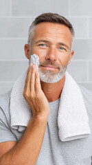 Man applying aftershave balm after shaving in a personal care setting.