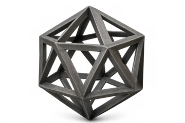 Gray icosahedron rotating gracefully on a transparent background, ideal for various illustrations or 3d renderings