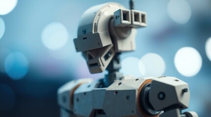 Naklejka premium A detailed look at a layered automation robot, a concept in modern robotics, with a cool-toned bokeh background.