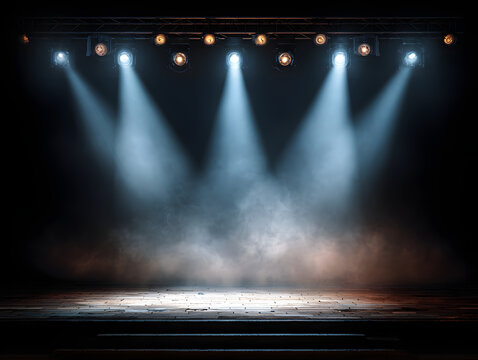 Empty stage with spotlights and smoke, perfect for music and theater performance.