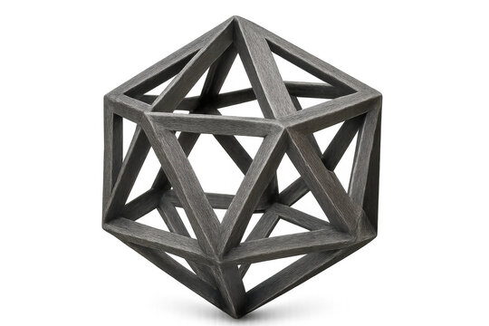 Gray icosahedron rotating gracefully on a transparent background, ideal for various illustrations or 3d renderings