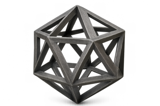 Gray icosahedron rotating gracefully on a transparent background, ideal for various illustrations or 3d renderings - Powered by Adobe