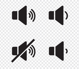 Sound volume icons set with different signal levels on white background. Аn icon that increases and reduces the sound. Sound icon, volume symbol, speaker sign, audio control icon set.