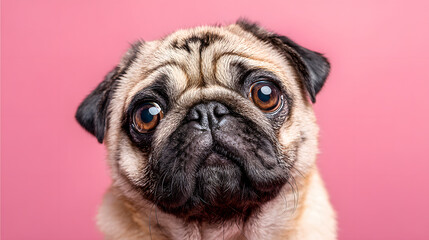 Obraz premium Playful pug with a wrinkly face on a solid pink background, humorous and adorable