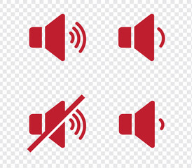 Sound volume icons set with different signal levels on white background. Аn icon that increases and reduces the sound. Sound icon, volume symbol, speaker sign, audio control icon set.