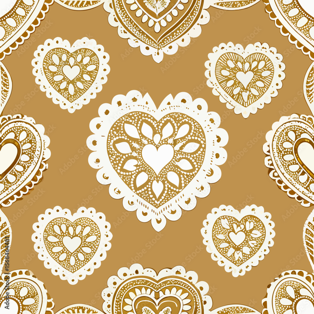 Poster intricate lace heart pattern on golden background as seamless vector pattern