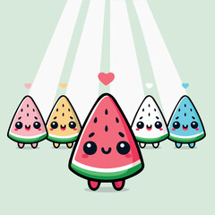 Cute multicolored watermelons with faces in cartoon style standing in a row on light background, conceptual positive vector illustration with hearts