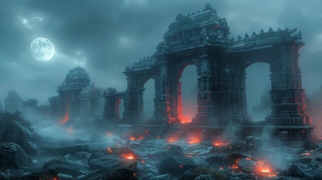 Ruined stone temple arches in a smoky landscape under a full moon, with some fiery highlights - Powered by Adobe