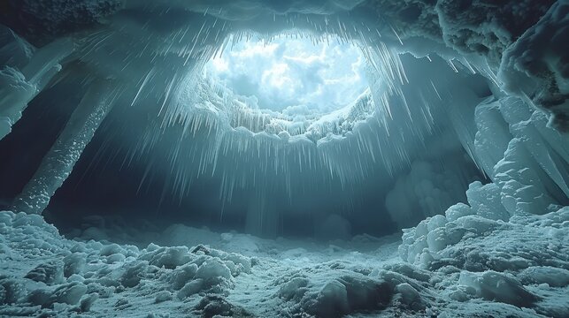 Ice cave interior with icicles hanging from above and light streaming in from an opening