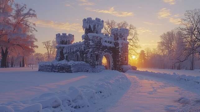 Snowy medieval stone gate, framed by bare trees under a golden sunset sky - Powered by Adobe