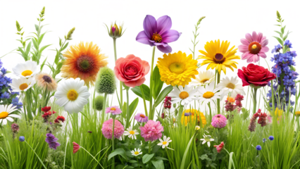 Colorful Flower Border with Green Grass on Transparent Background vibrant