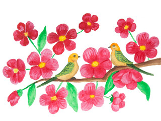 Two birds titmouse on branch with crimson raspberry pink spring flowers