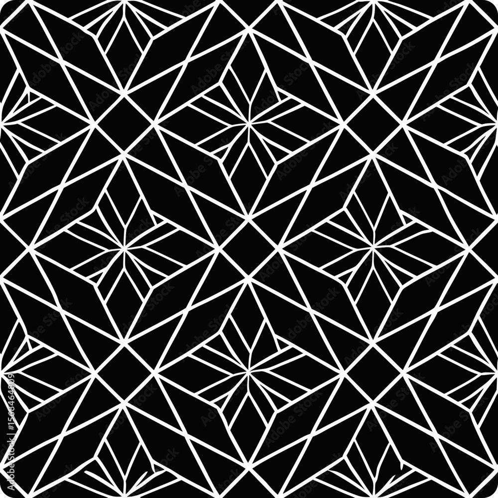 Poster geometric seamless vector pattern with trapezoid shapes and diamonds on black