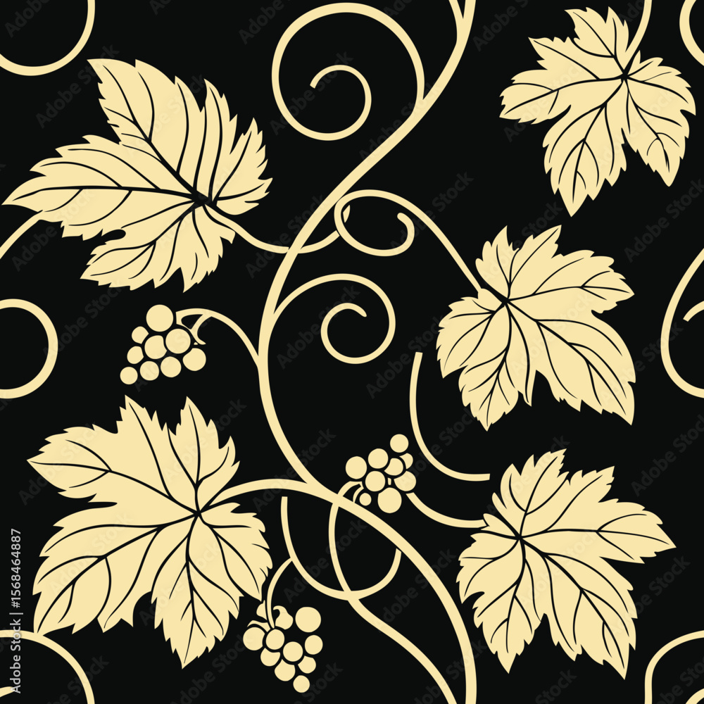 Poster stylish seamless vector pattern with vine leaves on black background