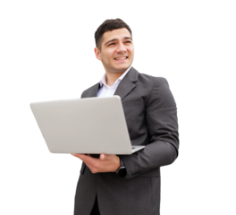Confident businessman shares ideas while holding a laptop on a bright, isolated transparent background