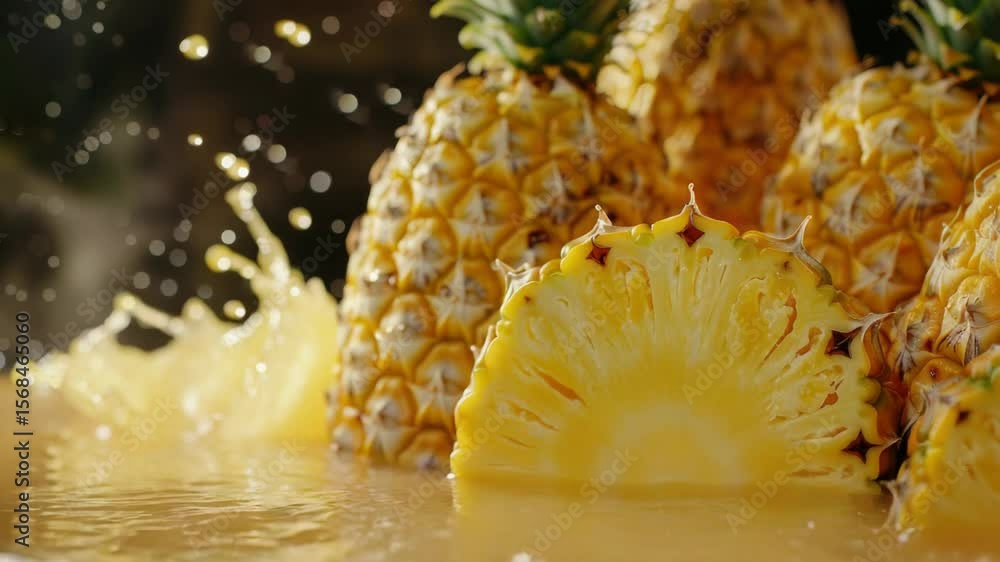 Poster fresh pineapples arranged on a table for display or use in a recipe
