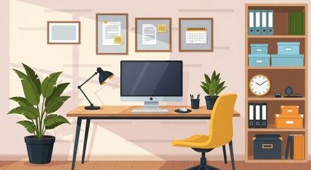 Fototapeta premium A modern office setup with a computer and a plant