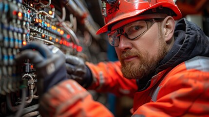 Worker inspecting complex electrical panel, hardhat and glasses on
