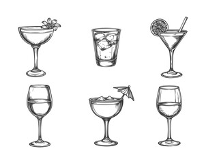 Hand drawn cocktail. Alcoholic drinks in glasses. Sketch juice, margarita martini. Cocktail with rum, gin whiskey vector set.