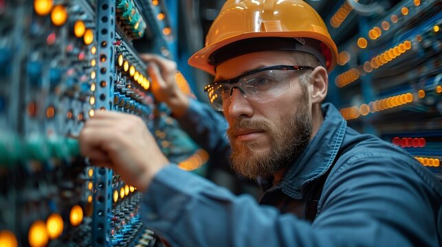 Man inspects complex electrical panel, orange helmet, glasses