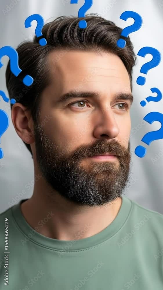 Poster man with beard, multiple views, surrounded by question marks, contemplating uncertainty, indecision,