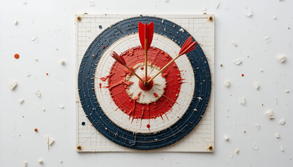 Red arrows pierce a vintage bullseye target, creating a symbol of accuracy and focus against a clean, scattered white background.