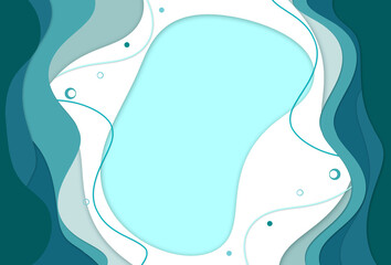 Paper cut style teal- turquoise-aqua colors wavy frame background template . Flat lay .Free copy space