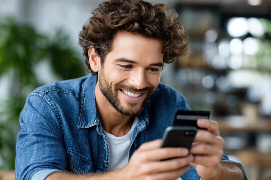 Man smiling while using smartphone and credit card indoors in a casual setting