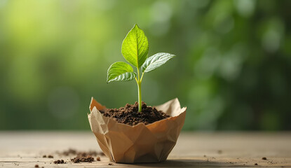 Small Green Plant Sprouting from Compostable Packaging on Green Background
