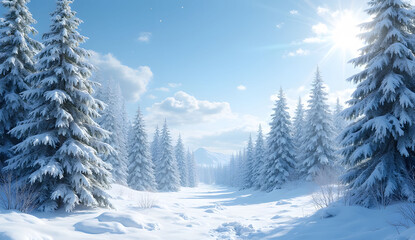 Snow Covered Trees in a Winter Forest Under a Bright Blue Sky
