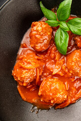 Meatballs tomato sauce beef, pork or chicken meat fresh delicious gourmet food background on the table rustic food top view copy space keto and paleo diet